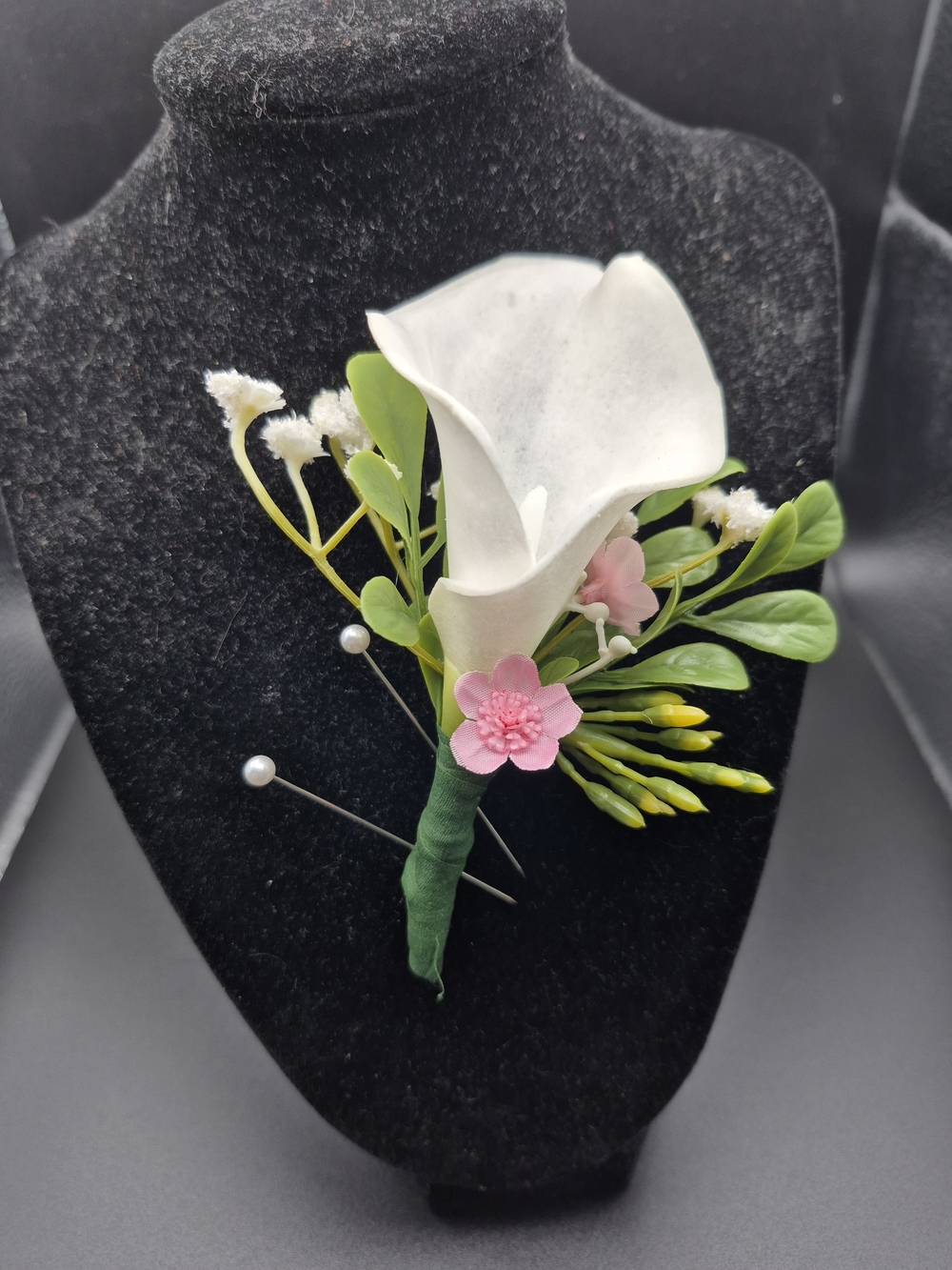 White Calla Lily Boutonniere with Pink Accents